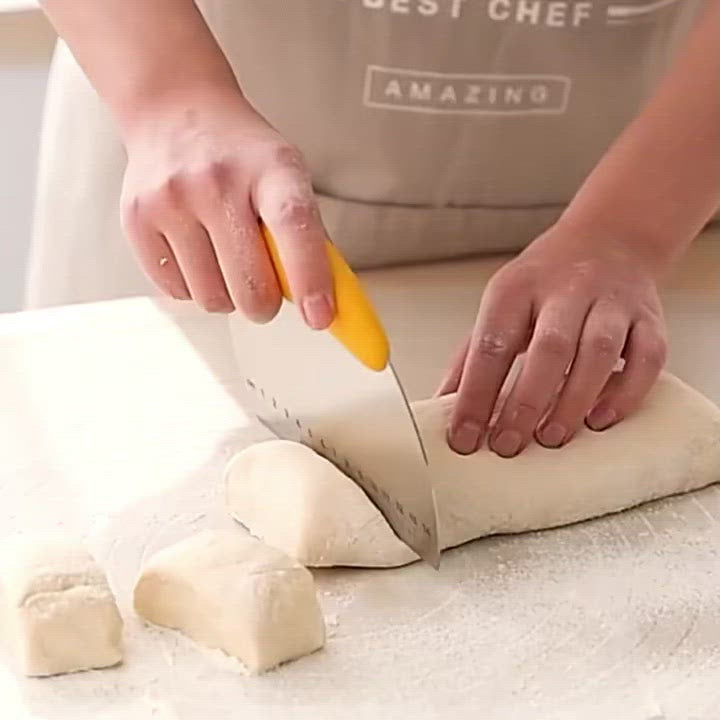 A video showing Banana Dough Scraper for cutting, clean it by water, and more.